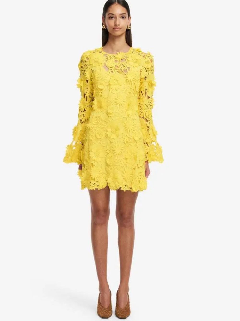 LEO LIN Yellow Floral Lace Long-Sleeve Mini Dress NEW size 2